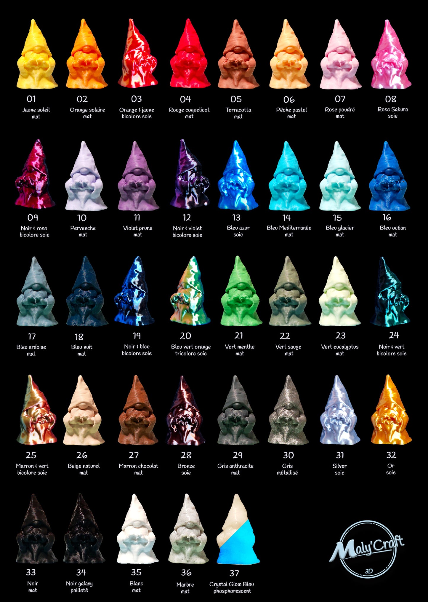 Palette des couleurs de filaments disponibles pour la personnalisation des gnomes imprimés en 3D.
