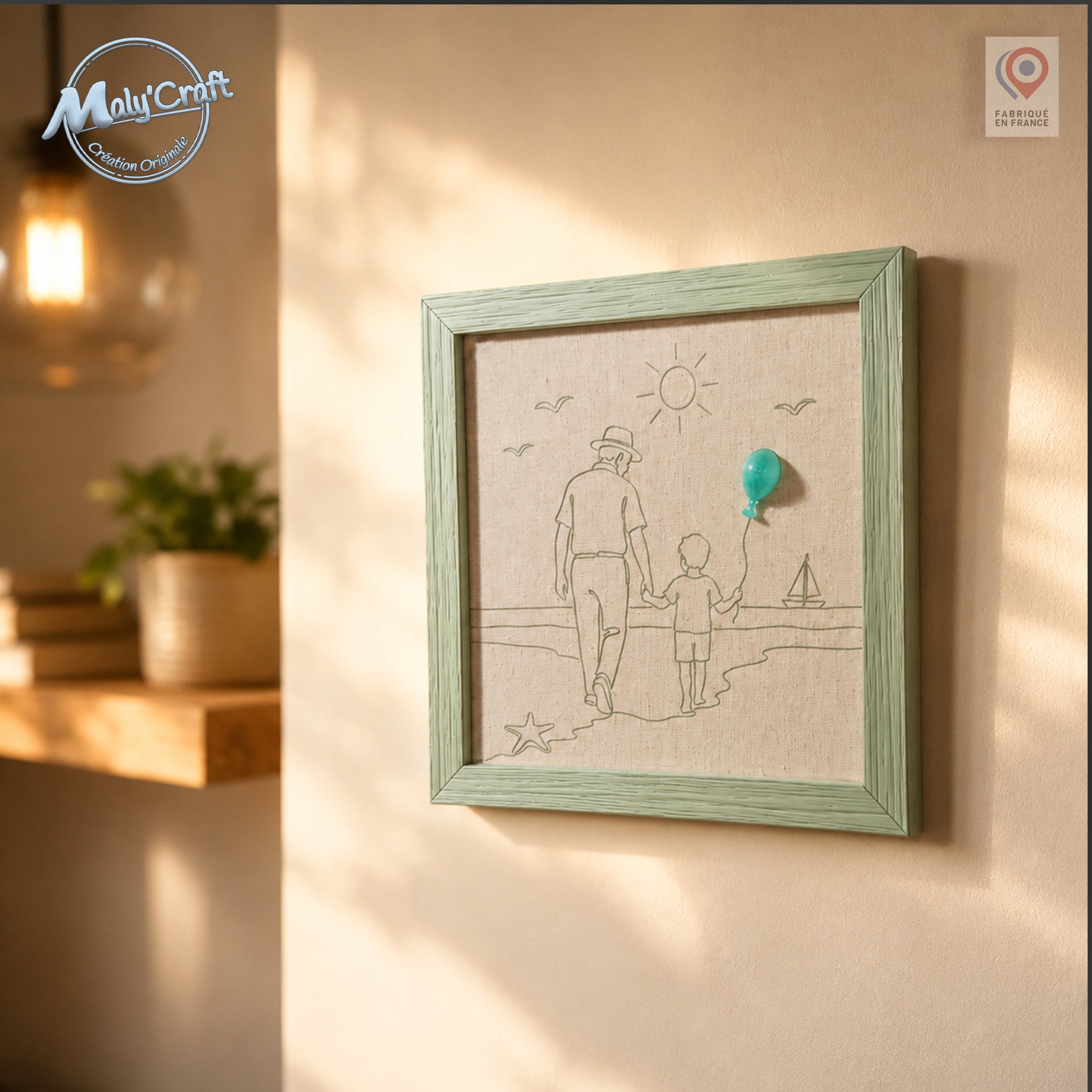 Peut inclure: Une décoration murale carrée encadrée de bois vert clair avec un fond en tissu beige. L'œuvre présente un dessin au trait représentant un adulte et un enfant marchant sur une plage, agrémenté d'un petit ballon turquoise en relief.