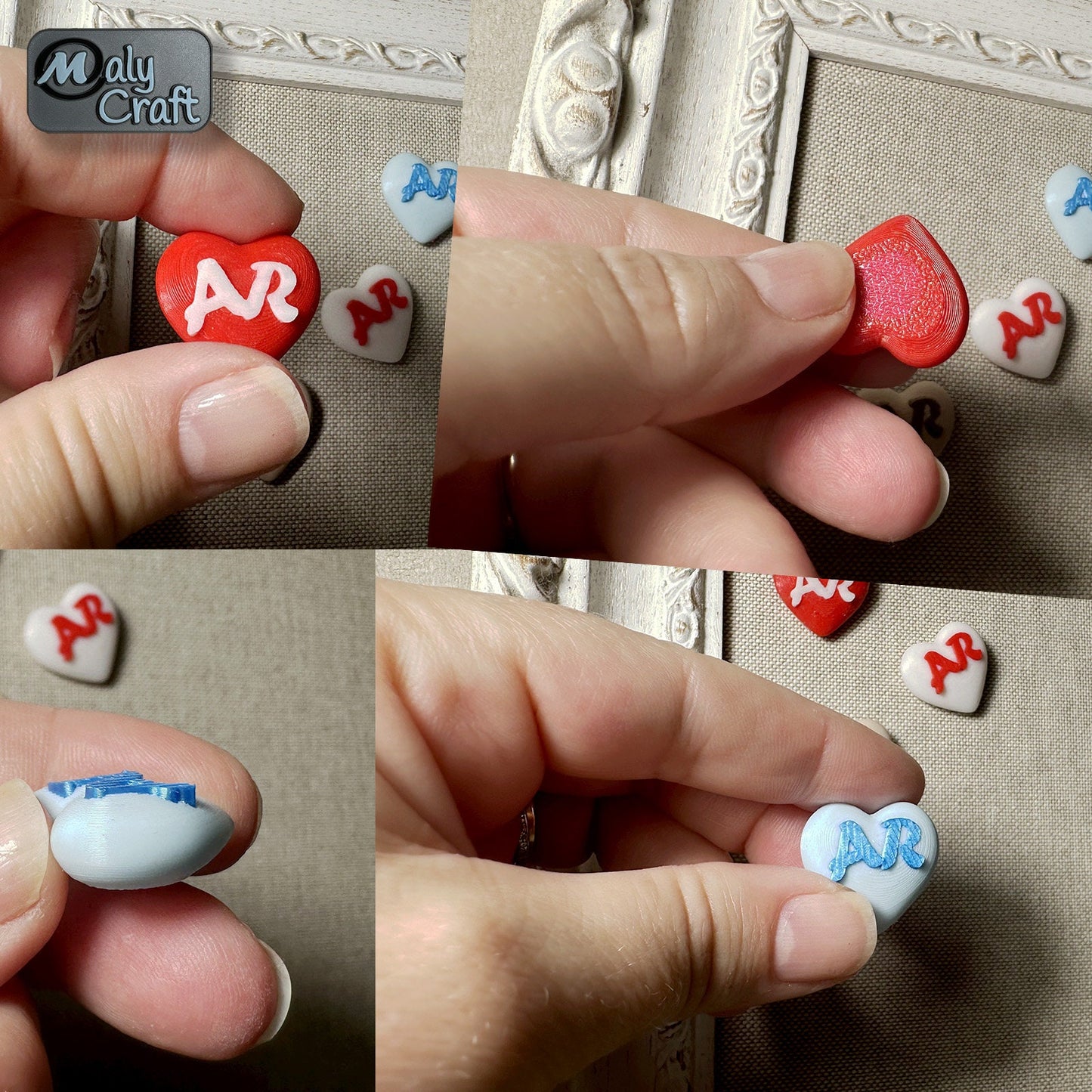 Gros plan sur des cœurs personnalisés imprimés en 3D, avec initiales en relief et aperçu du verso aimanté.