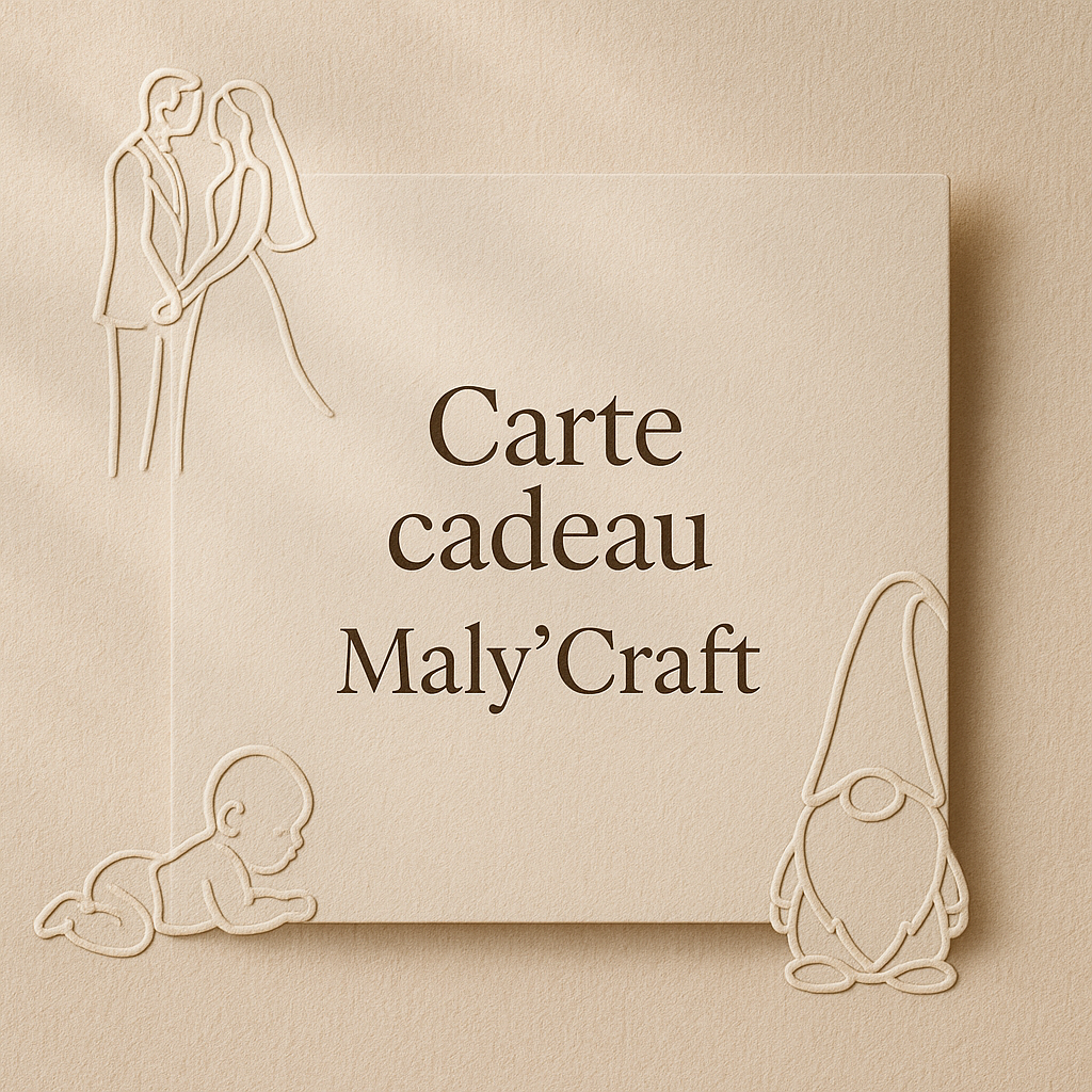 Carte cadeau Maly’Craft – illustration minimaliste sur fond beige avec dessins filaires d’un couple de mariés, d’un bébé et d’un gnome. Idéal comme cadeau pour mariage, naissance ou décoration originale.
Maly’Craft gift card – minimalist beige design with line art of a wedding couple, a baby, and a gnome. Perfect gift for weddings, baby showers or unique decoration.