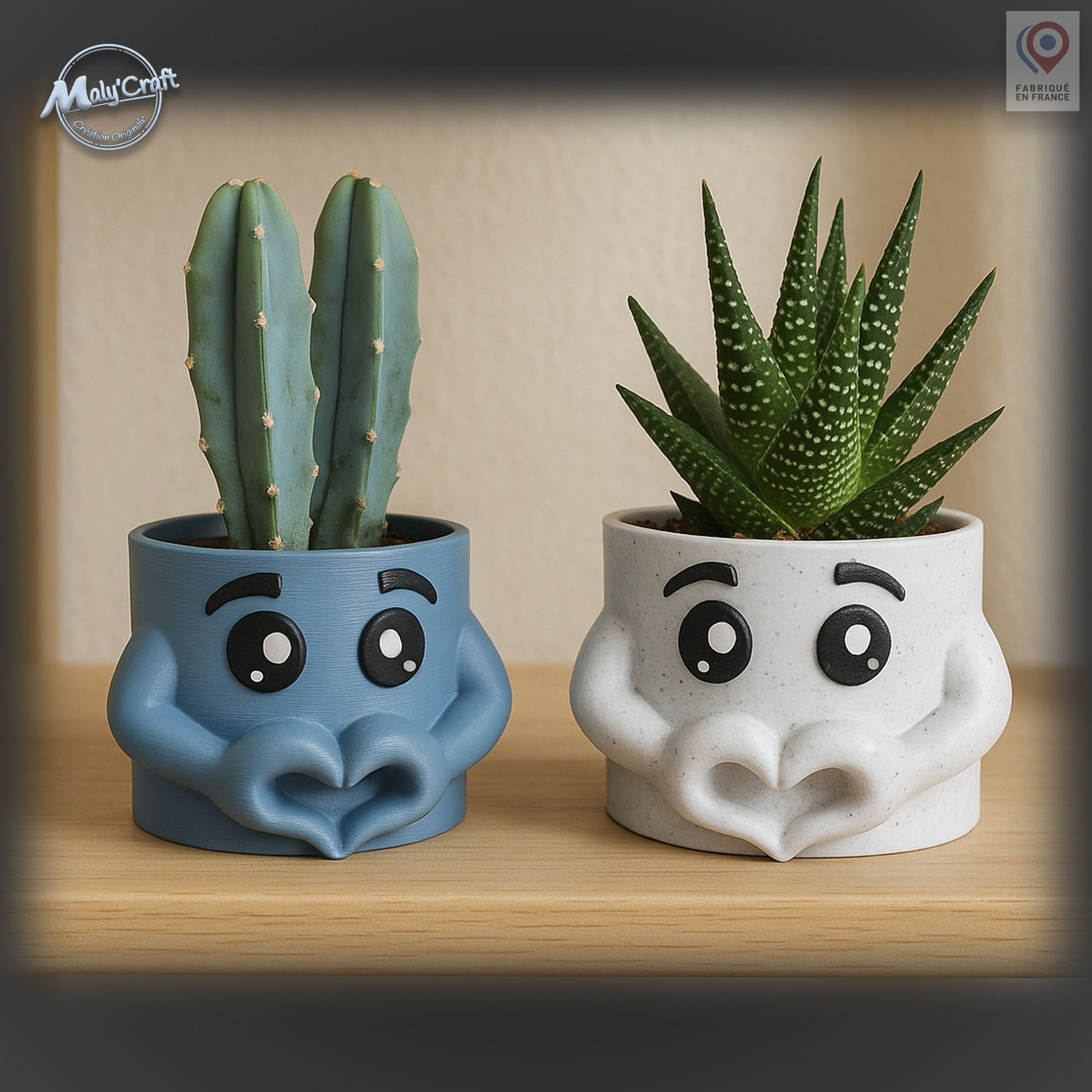 3D printed decorative flower pot in blue with expressive cartoon eyes and arms forming a heart. A modern and original design, perfect to add a touch of fun and tenderness to home decor. Made in France, ideal for holding green plants or cacti and for offering as a unique and symbolic gift.