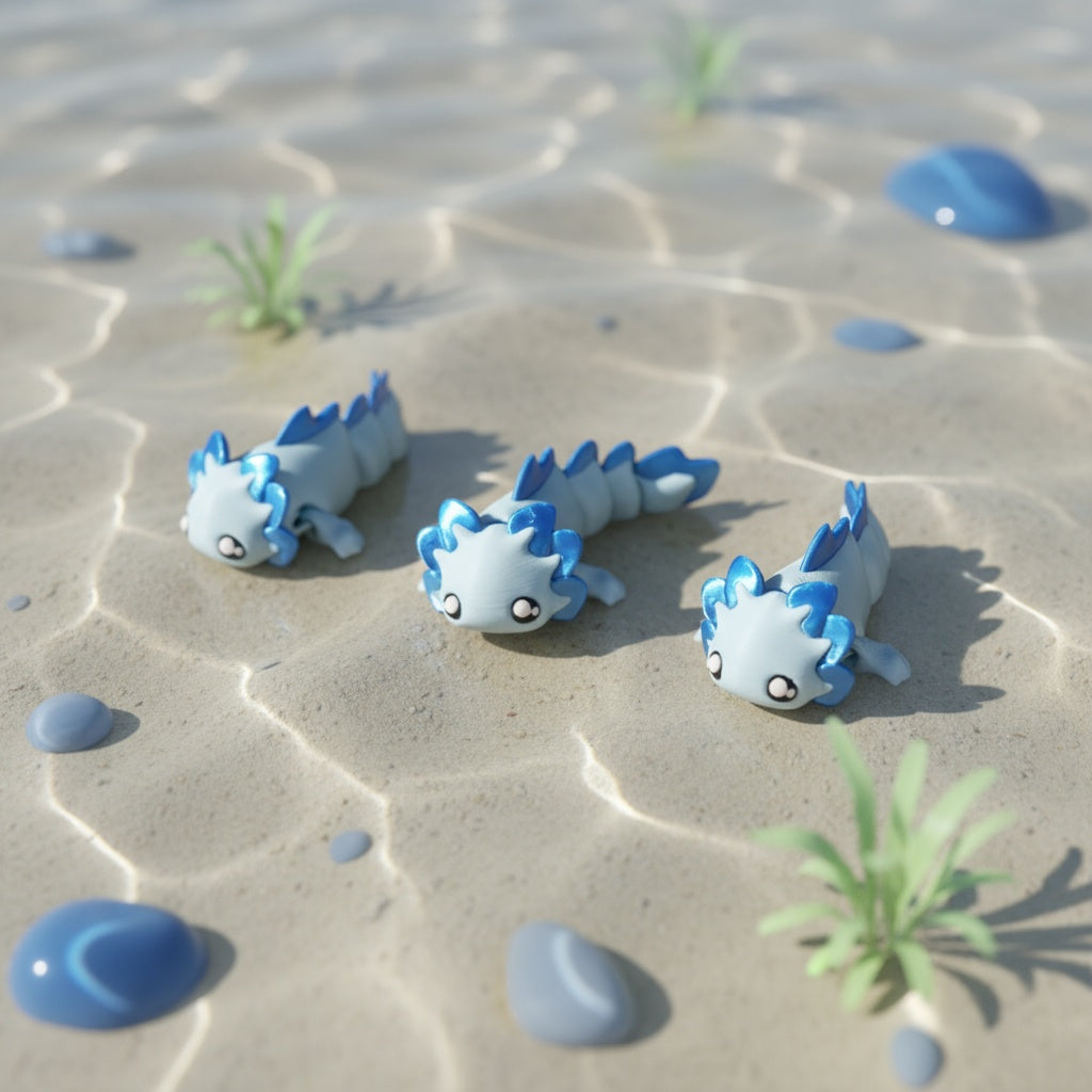 FR : Trio d’axolotls articulés sur le sable – Layers in Green, Maly’Craft
EN : Three articulated axolotls on sand – Layers in Green, Maly’Craft