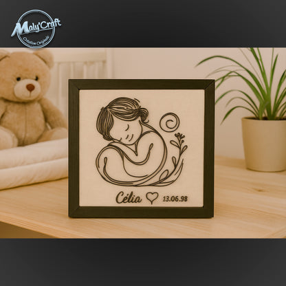 Cadre Naissance Personnalisé – Bébé Fille – Prénom & Date – Impression 3D sur Lin
