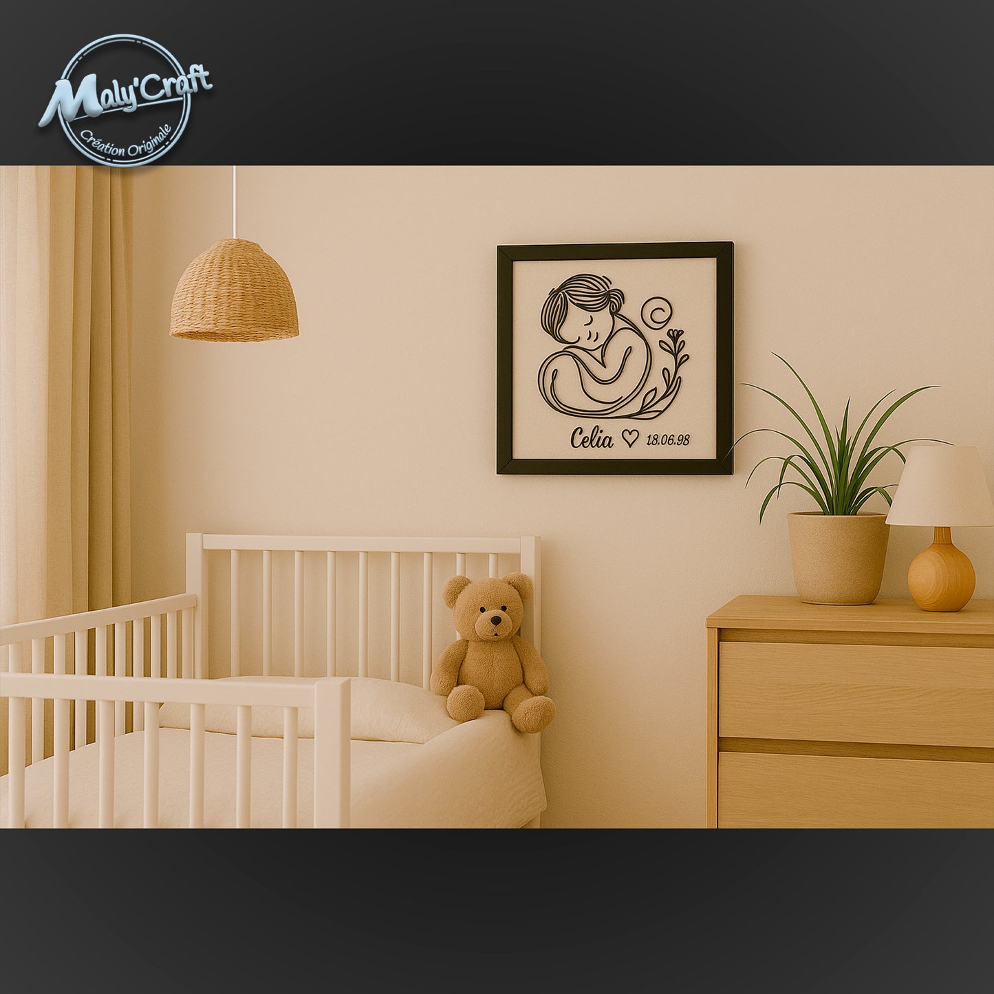 Cadre Naissance Personnalisé – Bébé Fille – Prénom & Date – Impression 3D sur Lin