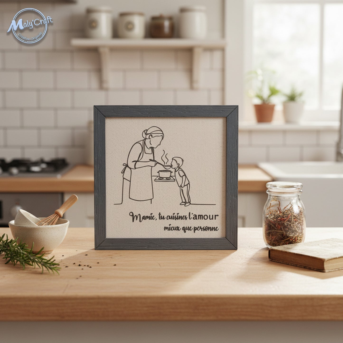 Décoration cuisine cadre 3D grand-mère et enfant qui cuisinent