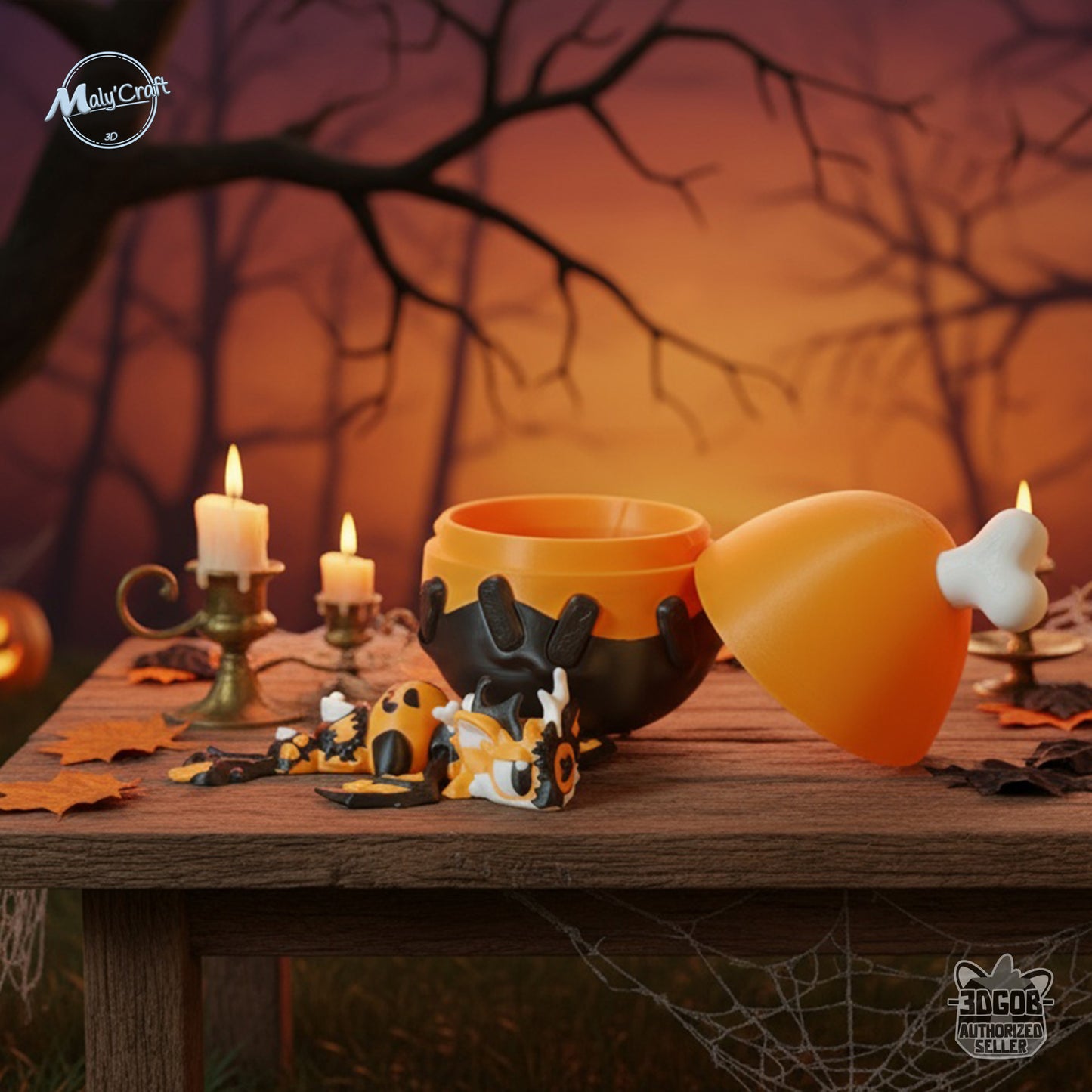 Figurine de bébé dragon noir, orange et blanc, création originale de 3DGOB, posée sur une table en bois devant un chaudron assorti. Décor d’Halloween avec bougies, feuilles d’automne et toiles d’araignée. En arrière-plan, un ciel orangé et des branches sombres créent une ambiance chaleureuse et mystérieuse. Mise en scène réalisée par Maly’Craft.