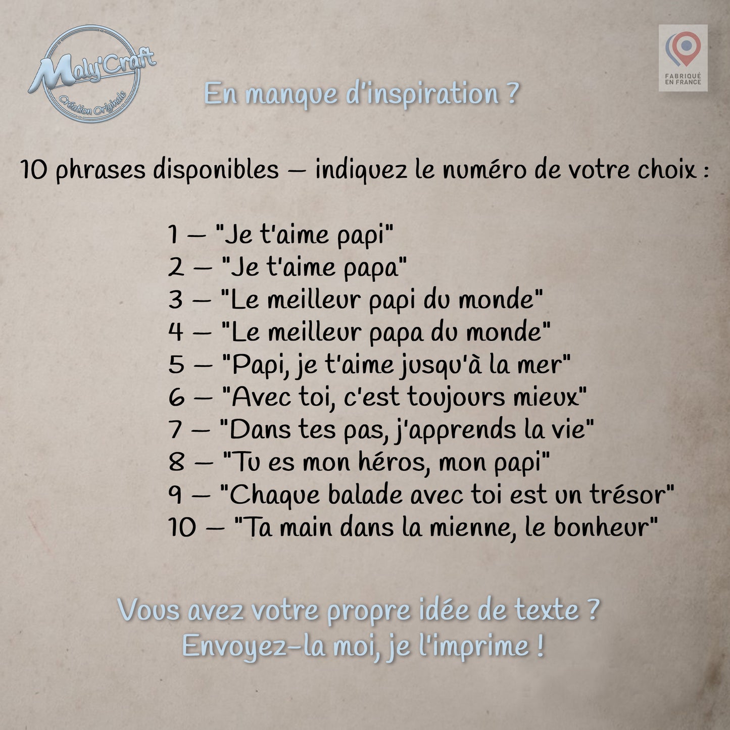Exemples de phrases pour personnaliser un cadre portrait animal, impression 3D directe sur tissu en lin, fabriqué en France par MalyCraft. Dix suggestions de textes disponibles, ou possibilité d'envoyer une phrase personnalisée. Idéal pour un cadeau unique dédié à son compagnon à quatre pattes