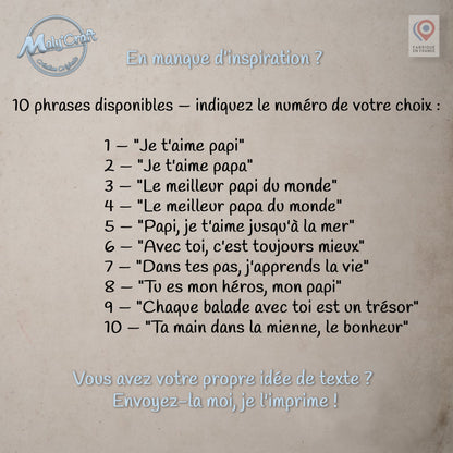 Exemples de phrases pour personnaliser un cadre portrait animal, impression 3D directe sur tissu en lin, fabriqué en France par MalyCraft. Dix suggestions de textes disponibles, ou possibilité d'envoyer une phrase personnalisée. Idéal pour un cadeau unique dédié à son compagnon à quatre pattes