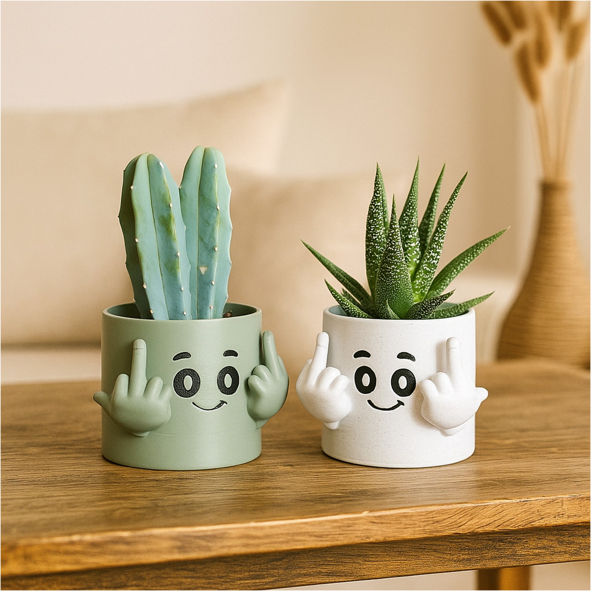 Cache-pot décoratif humoristique Maly’Craft, visage souriant et doigts levés, parfait pour cactus et succulentes