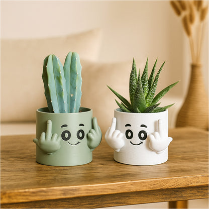 Cache-pot décoratif humoristique Maly’Craft, visage souriant et doigts levés, parfait pour cactus et succulentes