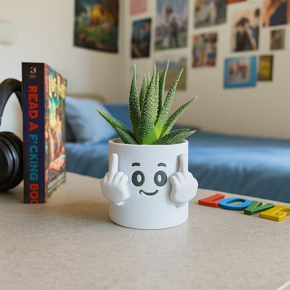 Cache-pot fuck majeurs levés Maly’Craft marbre, visage souriant et doigts levés, idéal pour succulentes.