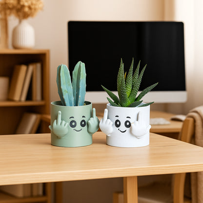 Cache-pot décoratif humoristique Maly’Craft, visage souriant et doigts levés, idéal pour cactus et succulentes