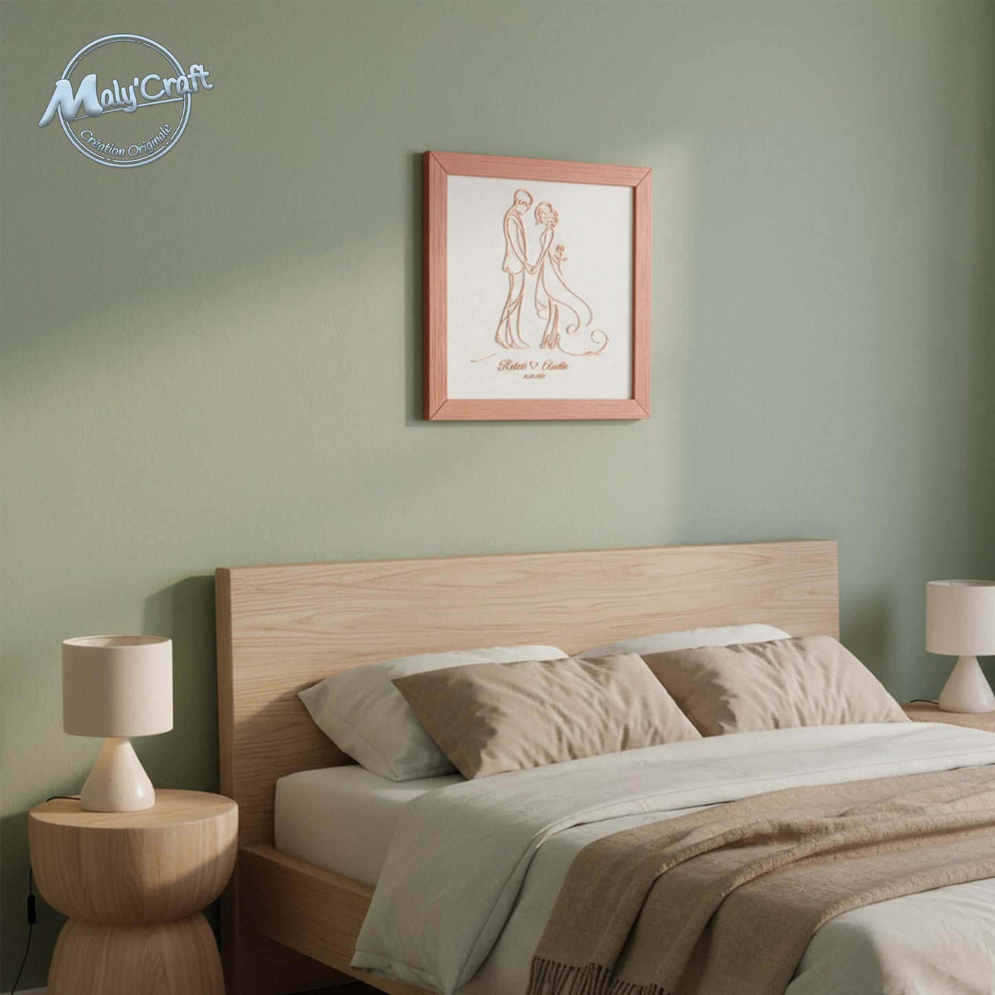 Cadre mariage terracotta sur tissu blanc accroché au mur d’une chambre. Décoration murale romantique et moderne, création originale Maly’Craft imprimée en 3D.