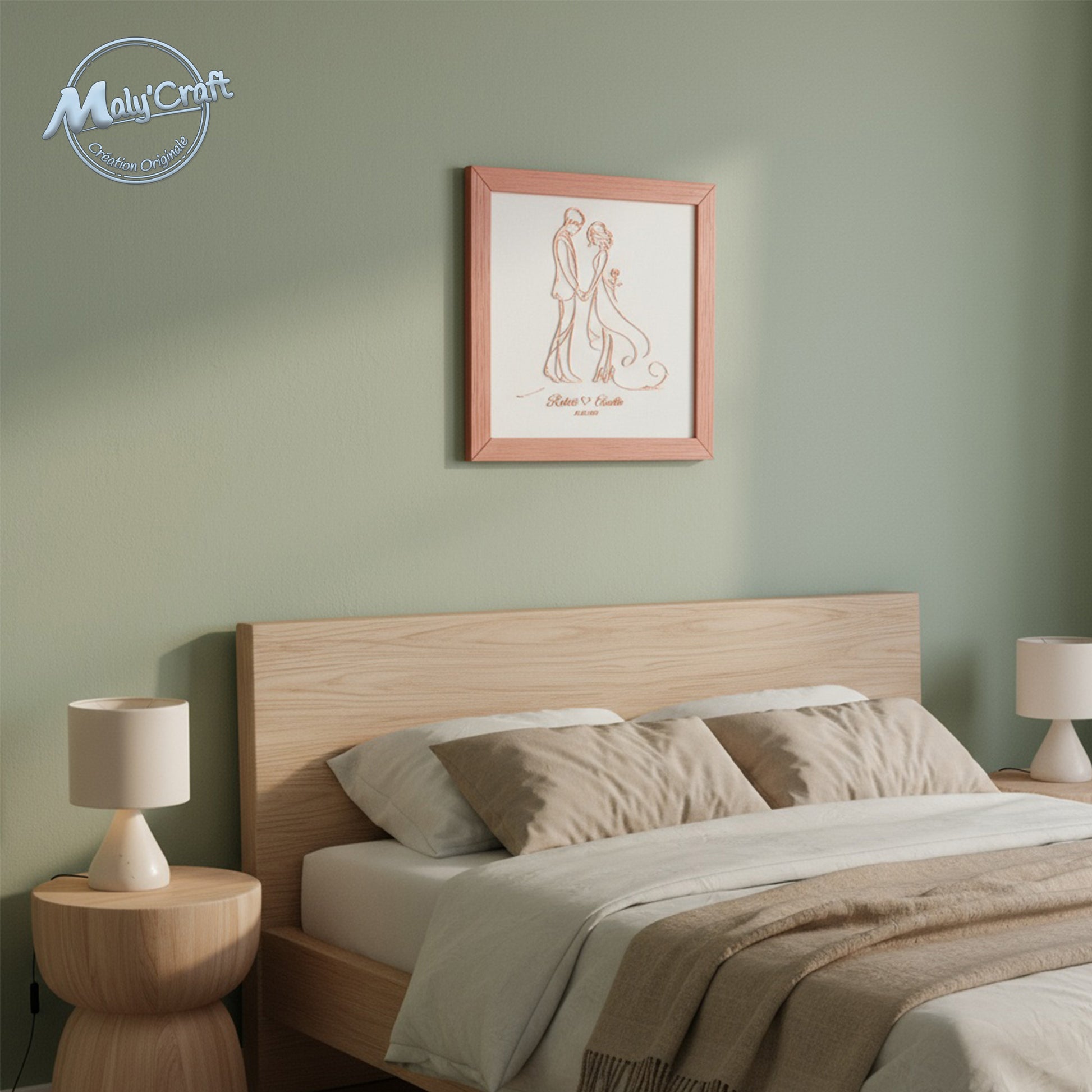 Cadre mariage terracotta sur tissu blanc accroché au mur d’une chambre. Décoration murale romantique et moderne, création originale Maly’Craft imprimée en 3D.