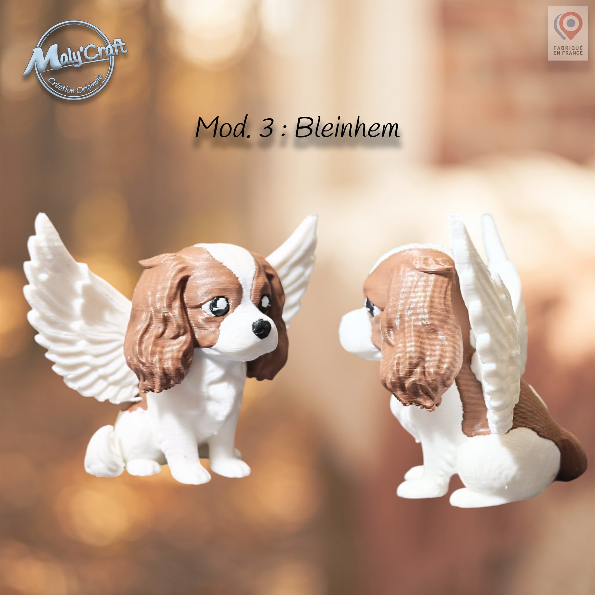 Figurine CKC ange robe Blenheim sur socle personnalisé prénom, hommage chien impression 3D MalyCraft Romans-sur-Isère