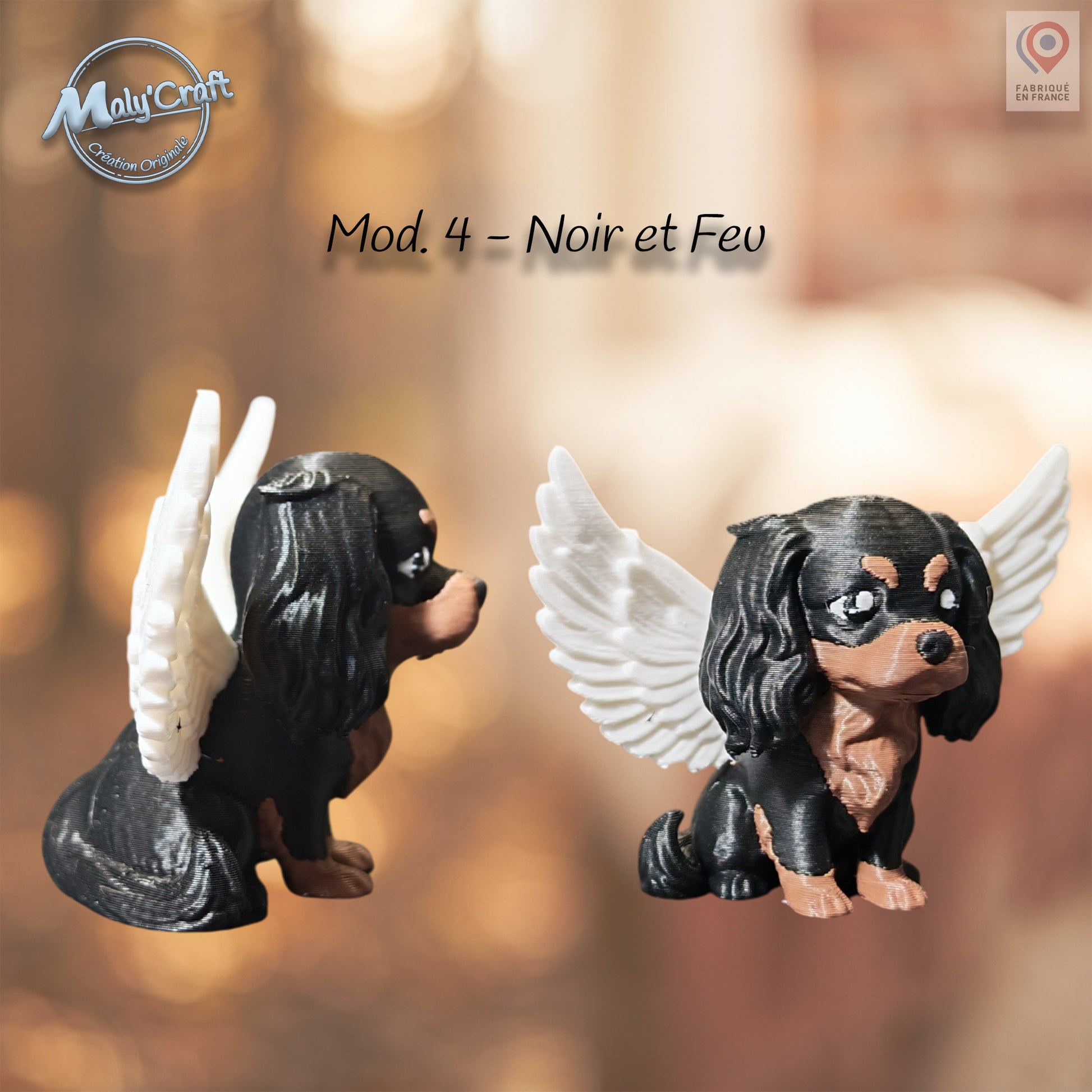 Détail ailes blanches statuette Cavalier King Charles ange, bio plastique impression 3D atelier français