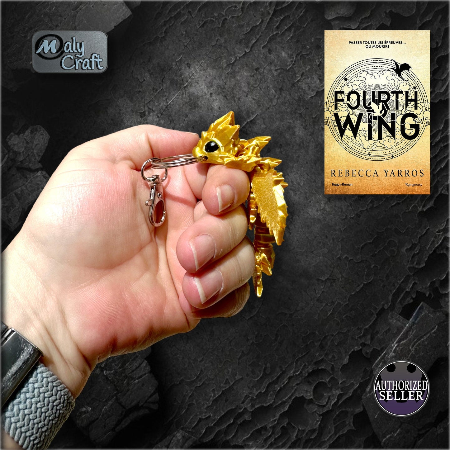 Porte-clé Dragon Doré Articulé – Figurine 3D Fidget (Style Romantasy & Fourth Wing)