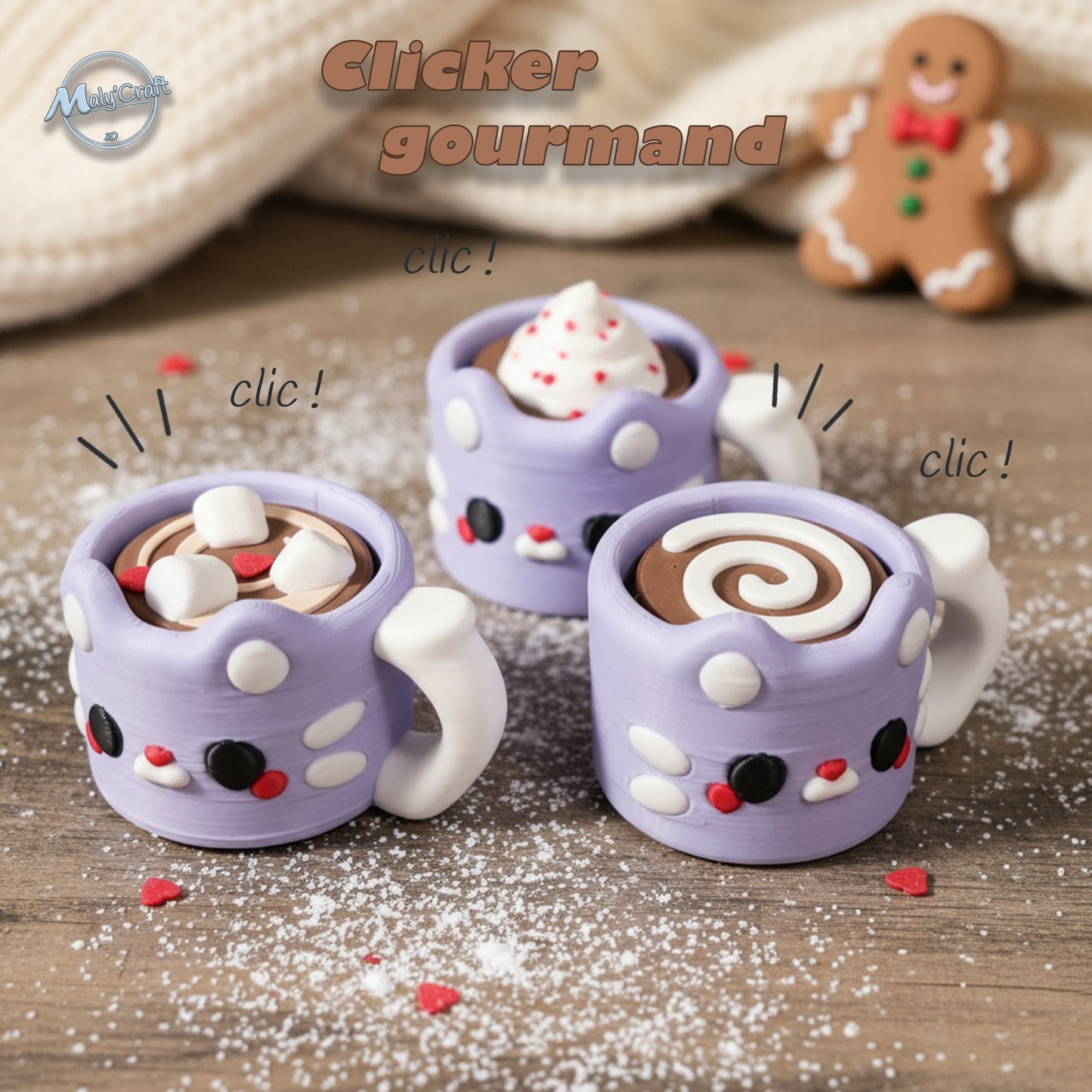 Ensemble complet de trois mini tasses clicker gourmand – marshmallow, chantilly, spirale