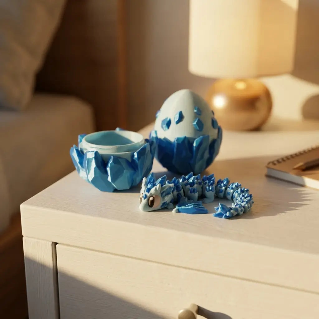 Ensemble de collection comprenant un dragon articulé imprimé en 3D et son œuf assorti, ouverts, sur une table de nuit blanche. Le dragon est bleu clair et l'œuf est bleu plus foncé avec des cristaux. Un carnet est visible à droite. Création Maly'Craft. Fabriqué en France.