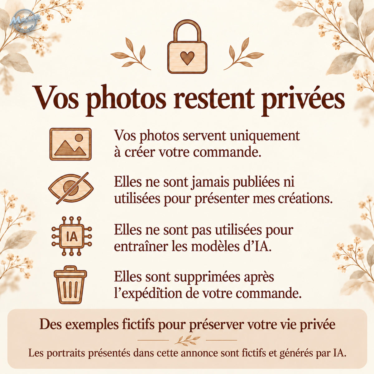 Confidentialité des photos utilisées pour les créations personnalisées avec l’IA. Vos photos servent uniquement à créer votre commande. Elles ne sont jamais publiées ni utilisées pour entraîner les modèles d’IA et sont supprimées après expédition. Les portraits présentés dans l’annonce sont fictifs et générés par IA. Photo privacy for AI-assisted personalised creations. Your photos are used only to create your order, never published or used to train AI models, and deleted after dispatch. Portraits shown in 