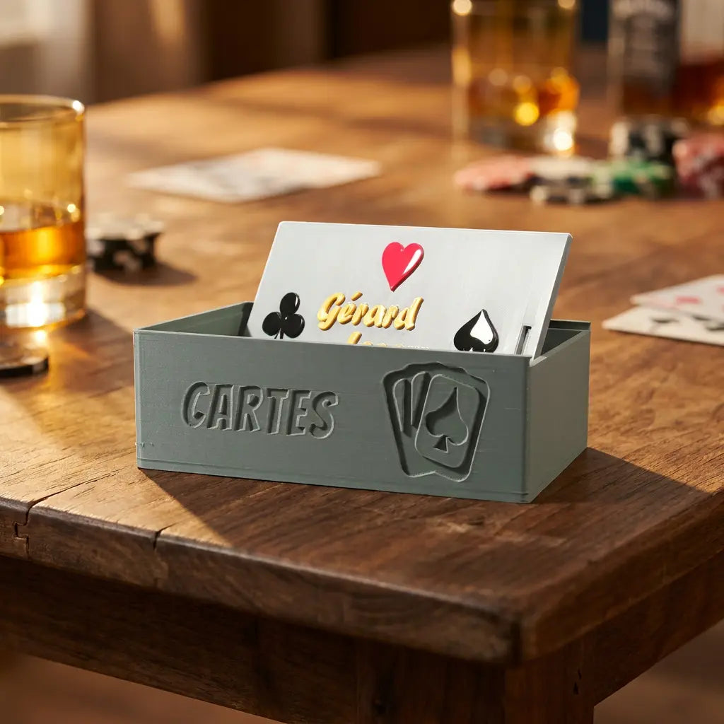 Boîte à cartes personnalisée en bois ou imprimée 3D avec prénom Gérard, idéale pour rangement jeu de poker ou belote. Accessoire de soirée jeux sur table rustique avec jetons et verres. Cadeau original et sur mesure pour amateur de jeux de cartes.

Personalized playing card box for poker or bridge. Custom name storage case, unique gift for card players and gamblers. Rustic wooden table setting with gambling chips and whiskey glasses. High-quality bespoke gaming accessory for casino nights.