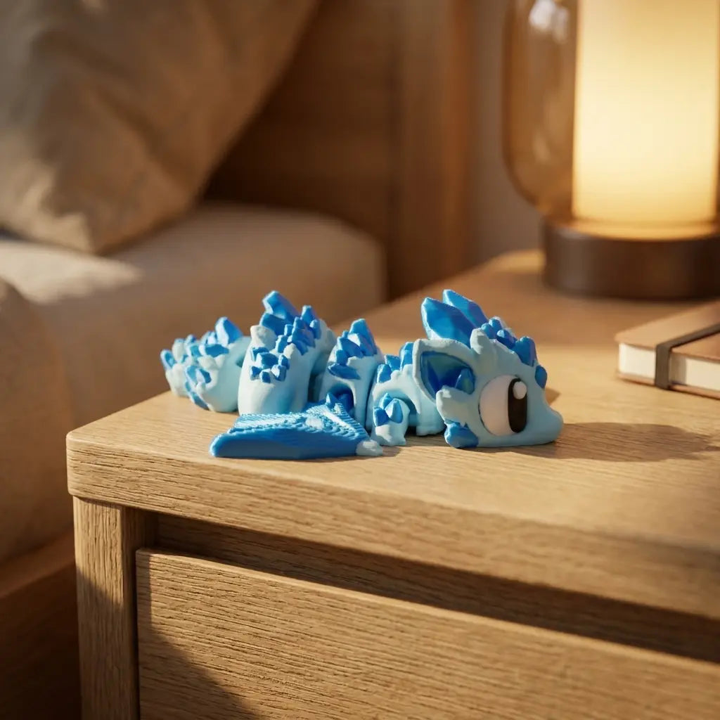 Gros plan sur un bébé dragon articulé imprimé en 3D par Maly'Craft. La figurine, d'un bleu dégradé avec des pointes de cristal, repose sur une table de nuit en chêne clair. En arrière-plan flou, une lampe allumée et un lit. Fabriqué en France.