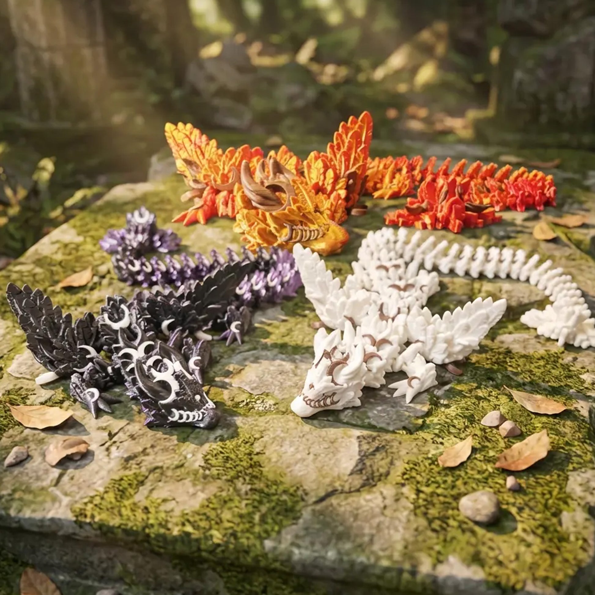 Trois dragons articulés Cinderwing imprimés en 3D disposés sur une pierre moussue. Modèles bicolores aux détails précis : noir et violet, blanc et bronze, orange feu. Figurine flexible en bioplastique fabriquée en France par Maly'Craft