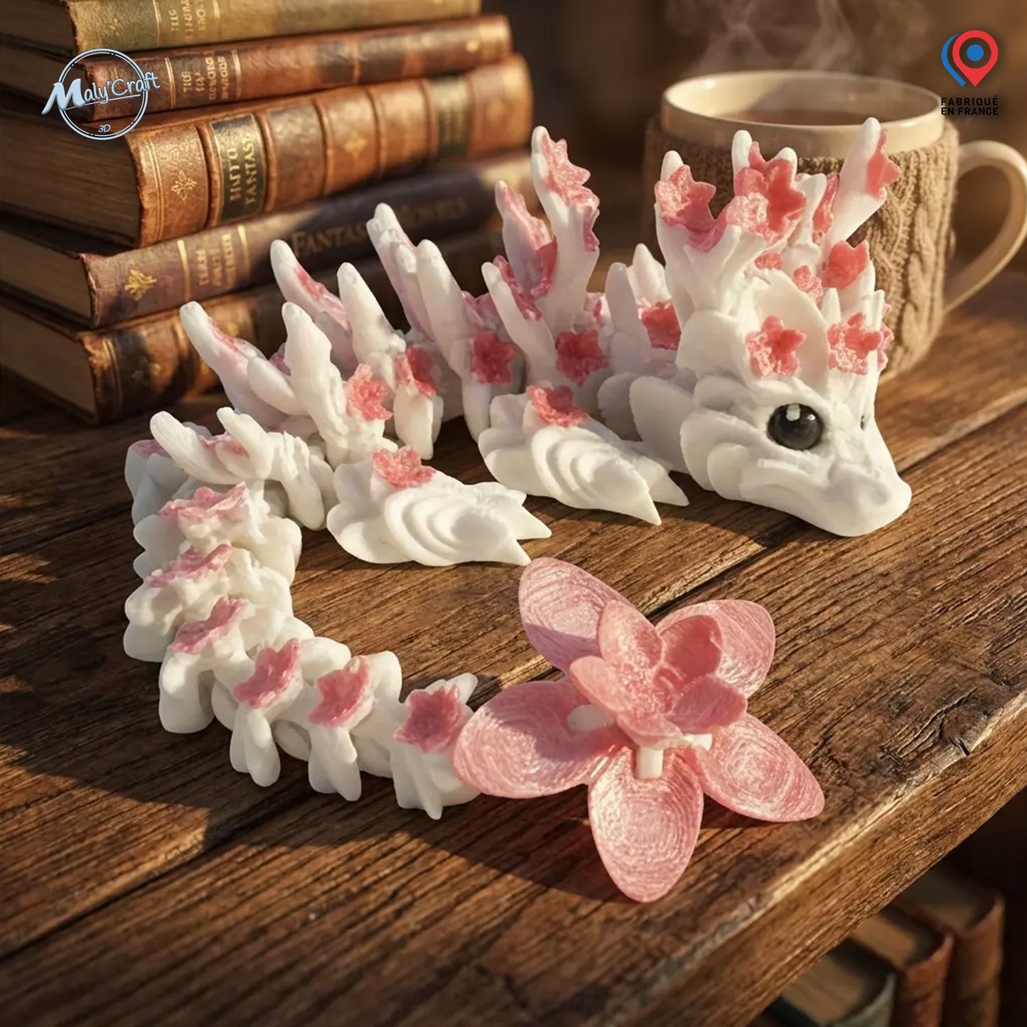 Sculpture de dragon blanc et rose, une fleur et une sculpture de dragon circulaire sur une surface en bois. Le dragon a un design détaillé avec des accents de fleurs roses et un œil noir. Une tasse de thé et des livres sont en arrière-plan.
