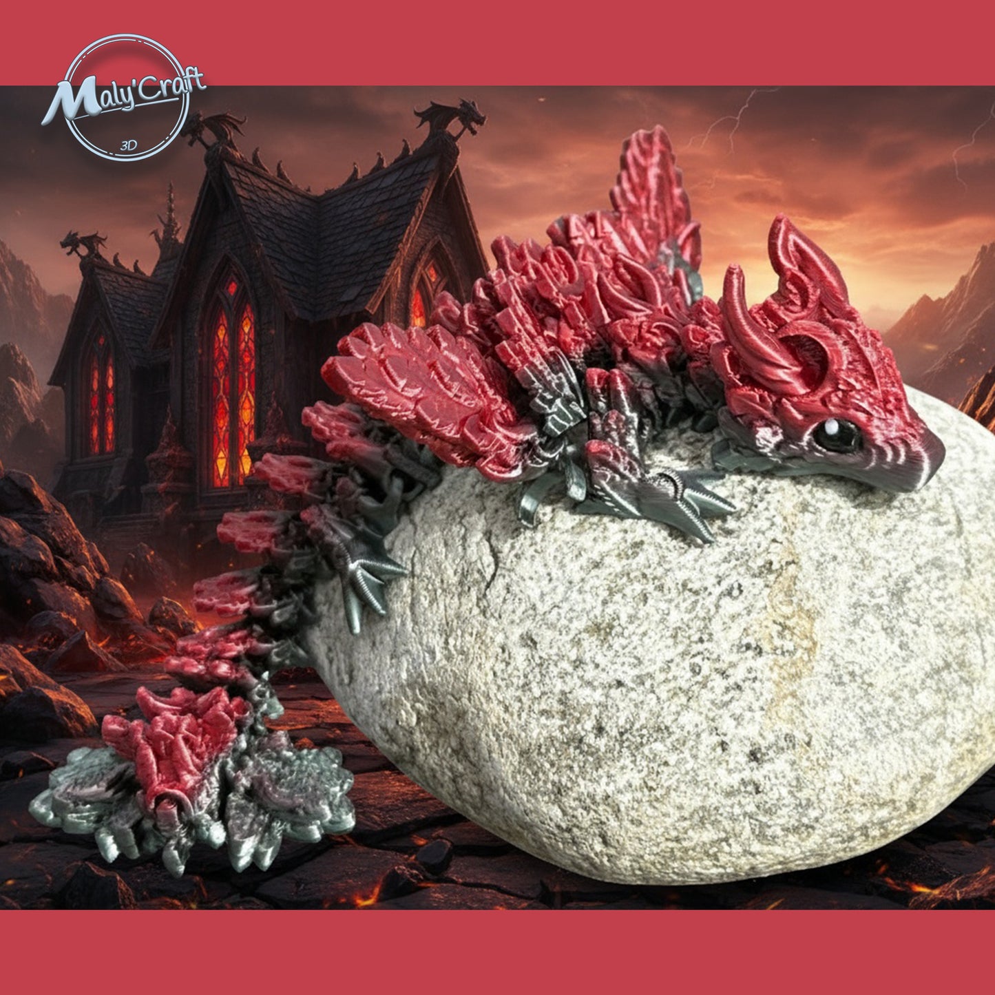 Dragon articulé imprimé en 3D dans des tons rouge et noir, création originale signée Maly’Craft. Inspiré des univers fantasy, ce dragon flexible est à la fois décoratif et ludique. Ses articulations lui permettent de prendre différentes poses réalistes, parfaites pour la photographie, la collection ou la décoration d’un bureau. Chaque pièce est imprimée avec précision en France, garantissant un rendu détaillé et unique. Idéal pour les passionnés de dragons, de mythologie et de 3D design.