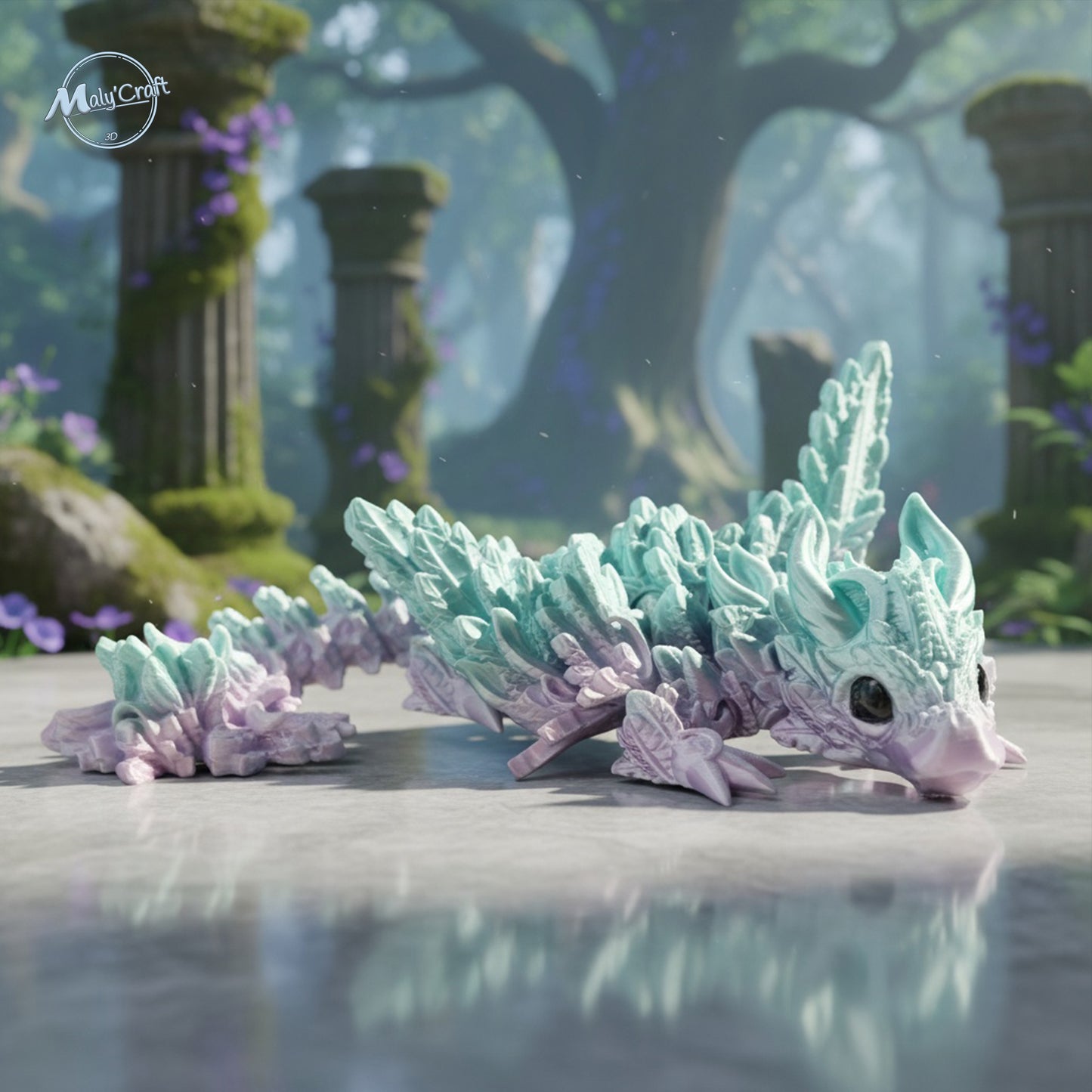 Dragon articulé pastel imprimé en 3D – figurine multicolore vert menthe et lavande, création fantasy signée Cinderwing.