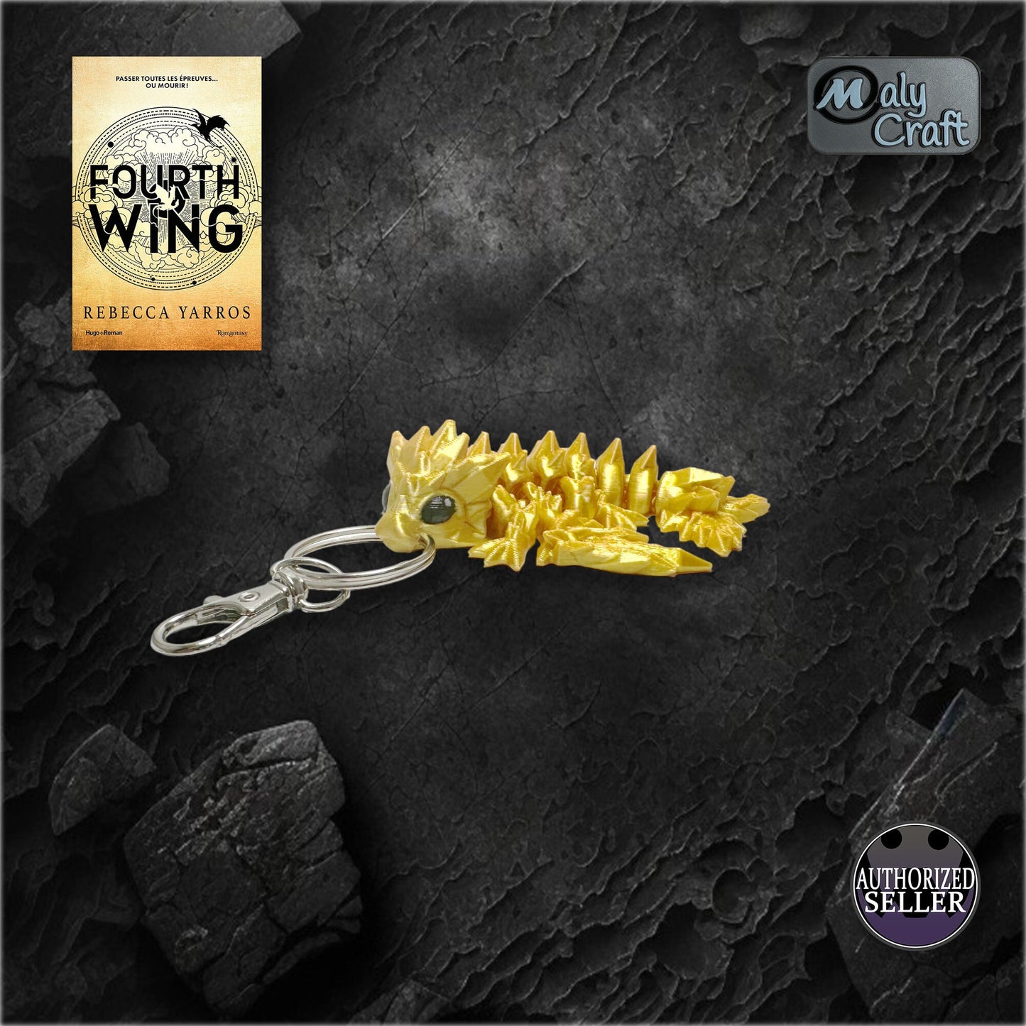 Porte-clé Dragon Doré Articulé – Figurine 3D Fidget (Style Romantasy & Fourth Wing)