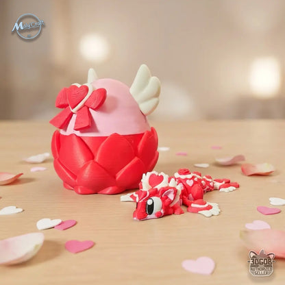 Œuf de dragon ailé rouge et blanc avec motifs de cœurs, écrin décoratif imprimé en bio-plastique PLA pour la Saint-Valentin.