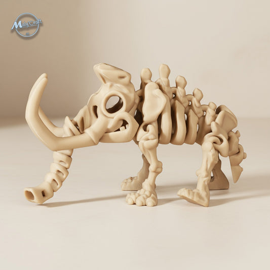 Figurine articulée de mammouth fossile imprimée en 3D sous licence Flexi Factory, finition beige mate. Impression soignée par Maly’Craft en France.