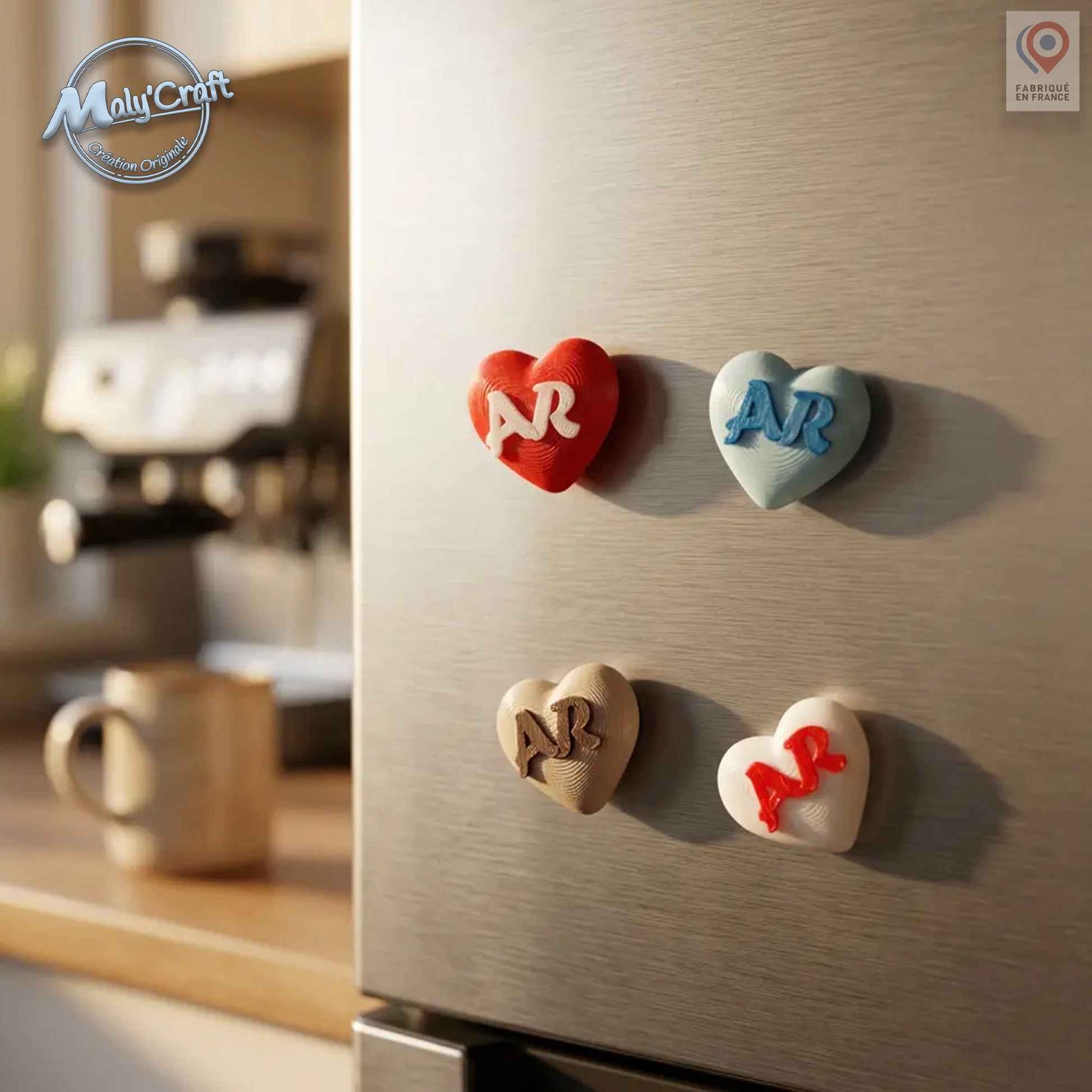 Magnets cœur personnalisés en PLA biosourcé sur réfrigérateur, initiales bicolores au choix, aimant puissant inclus, fabrication artisanale française