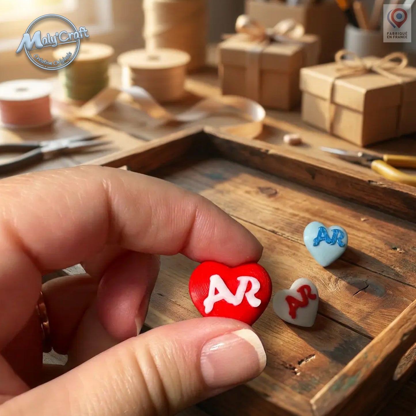 Magnet cœur personnalisé tenu en main pour montrer sa taille miniature, initiales bicolores impression 3D, cadeau personnalisé artisanal français