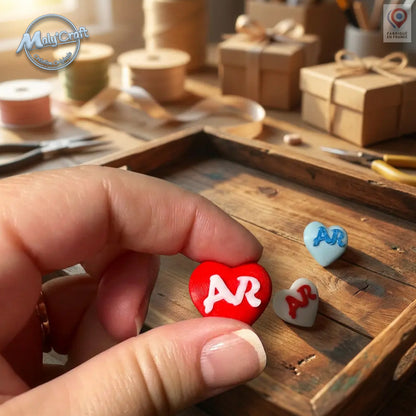 Magnet cœur personnalisé tenu en main pour montrer sa taille miniature, initiales bicolores impression 3D, cadeau personnalisé artisanal français