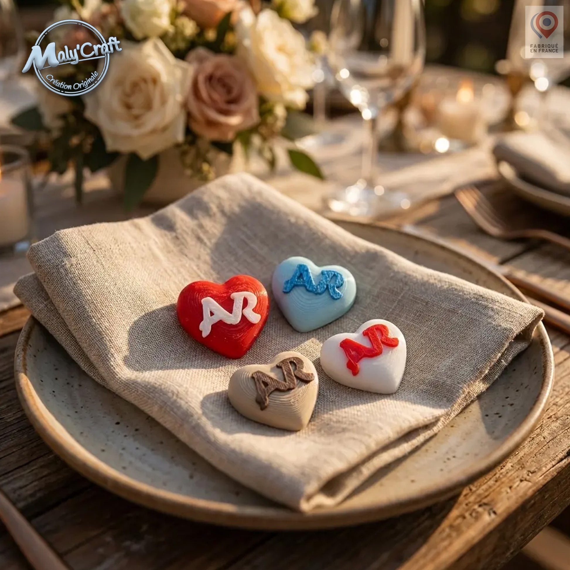 Magnets cœur personnalisés en PLA biosourcé, initiales sur mesure, cadeau invité mariage, coloris au choix, fabrication artisanale française