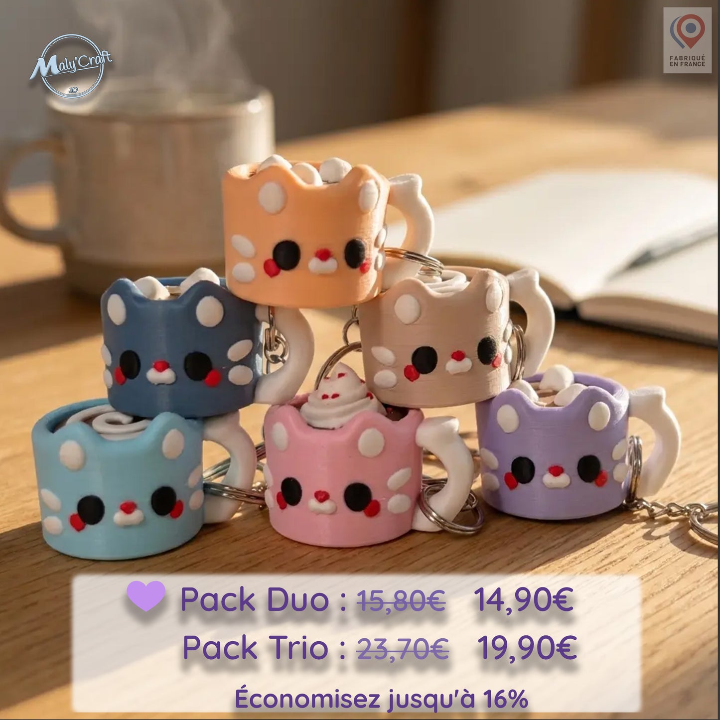 Porte-clés clicker tasse kawaii MalyCraft3D — 6 mini-tasses chat coloris pastel rose, violet, bleu, beige — fidget toy ASMR fabriqué en France — Pack Duo dès 14,90€