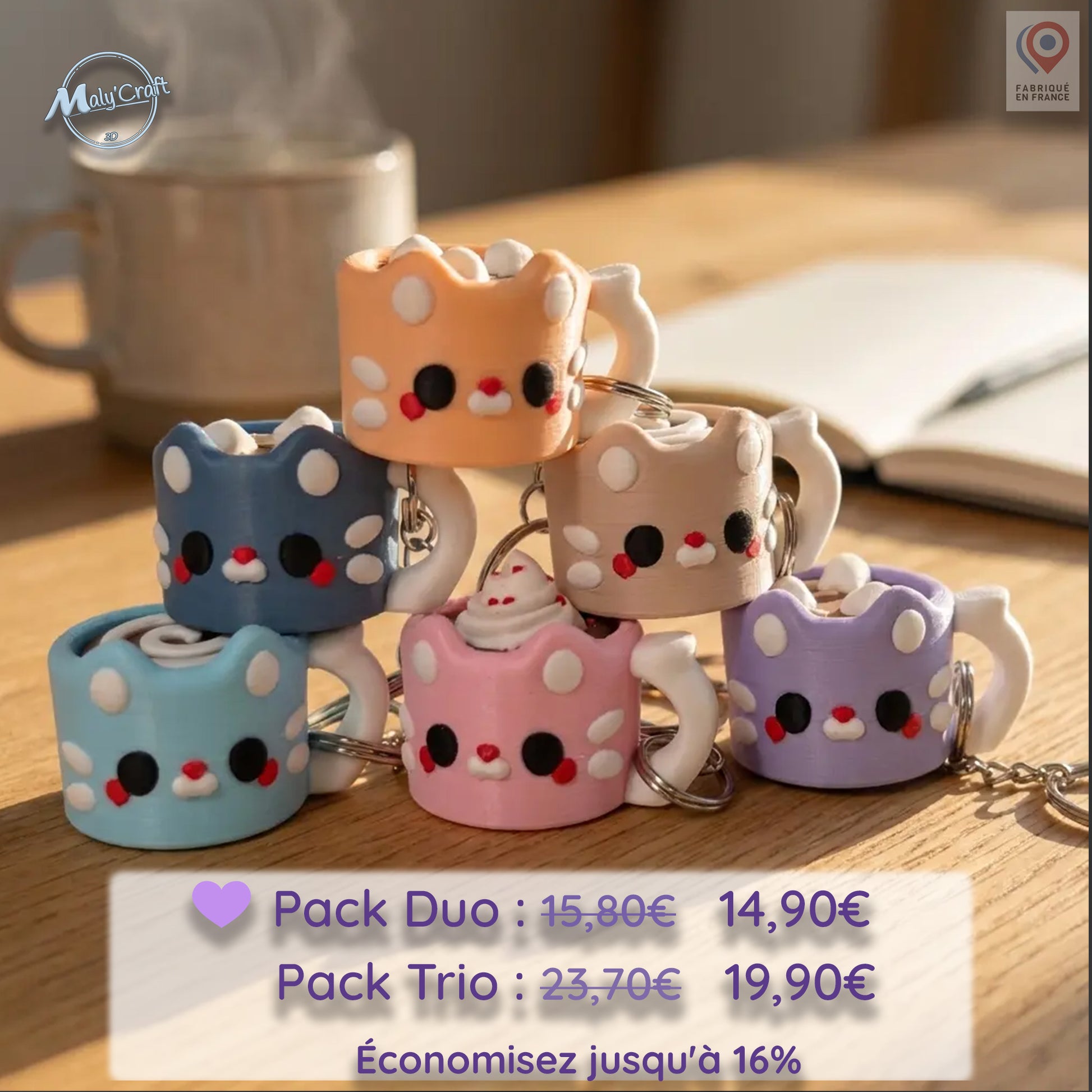 Porte-clés clicker tasse kawaii MalyCraft3D — 6 mini-tasses chat coloris pastel rose, violet, bleu, beige — fidget toy ASMR fabriqué en France — Pack Duo dès 14,90€
