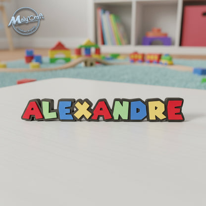 Plaque prénom ALEXANDRE – lettres multicolores sur fond noir – style arcade vintage
