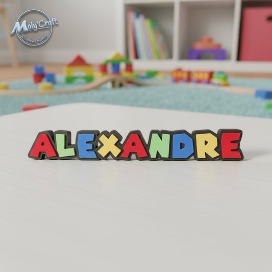 Plaque prénom ALEXANDRE – lettres multicolores sur fond noir – style arcade vintage
