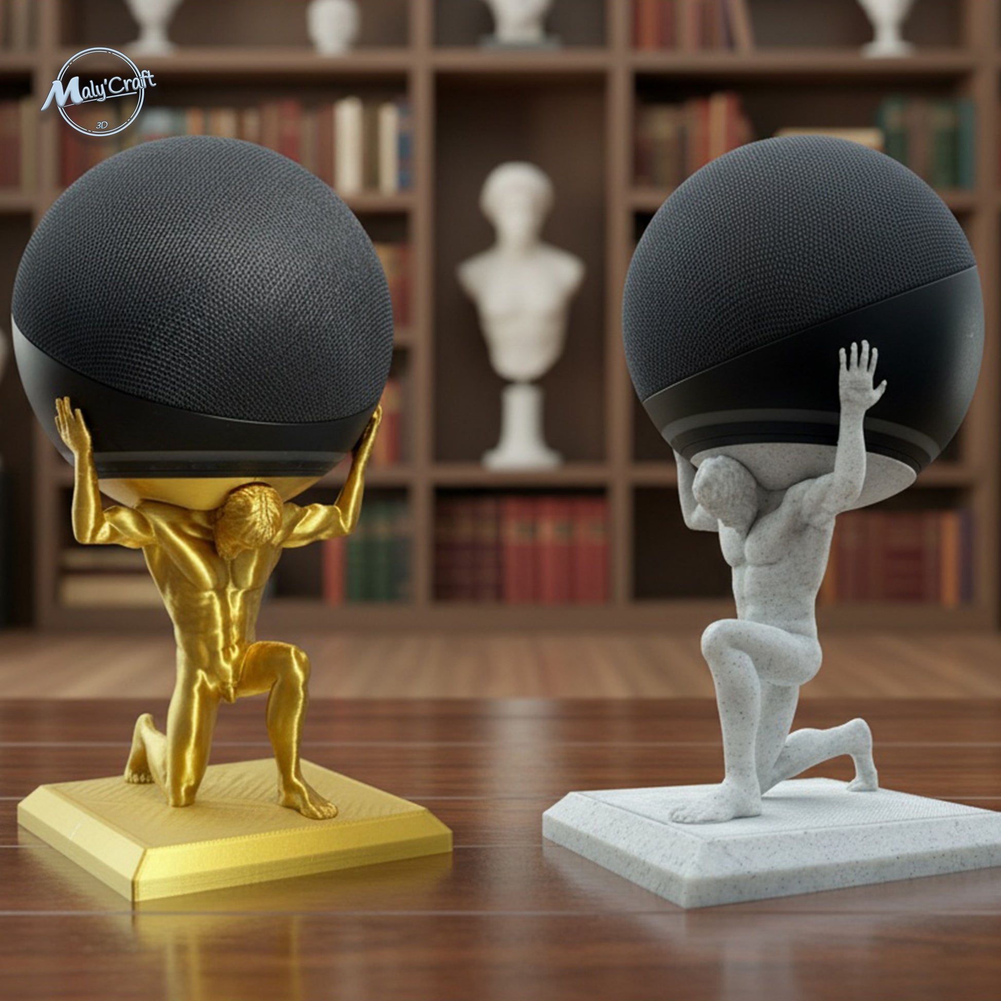 Support Echo Dot Atlas – statue design en or et marbre – impression 3D artisanale Maly’Craft